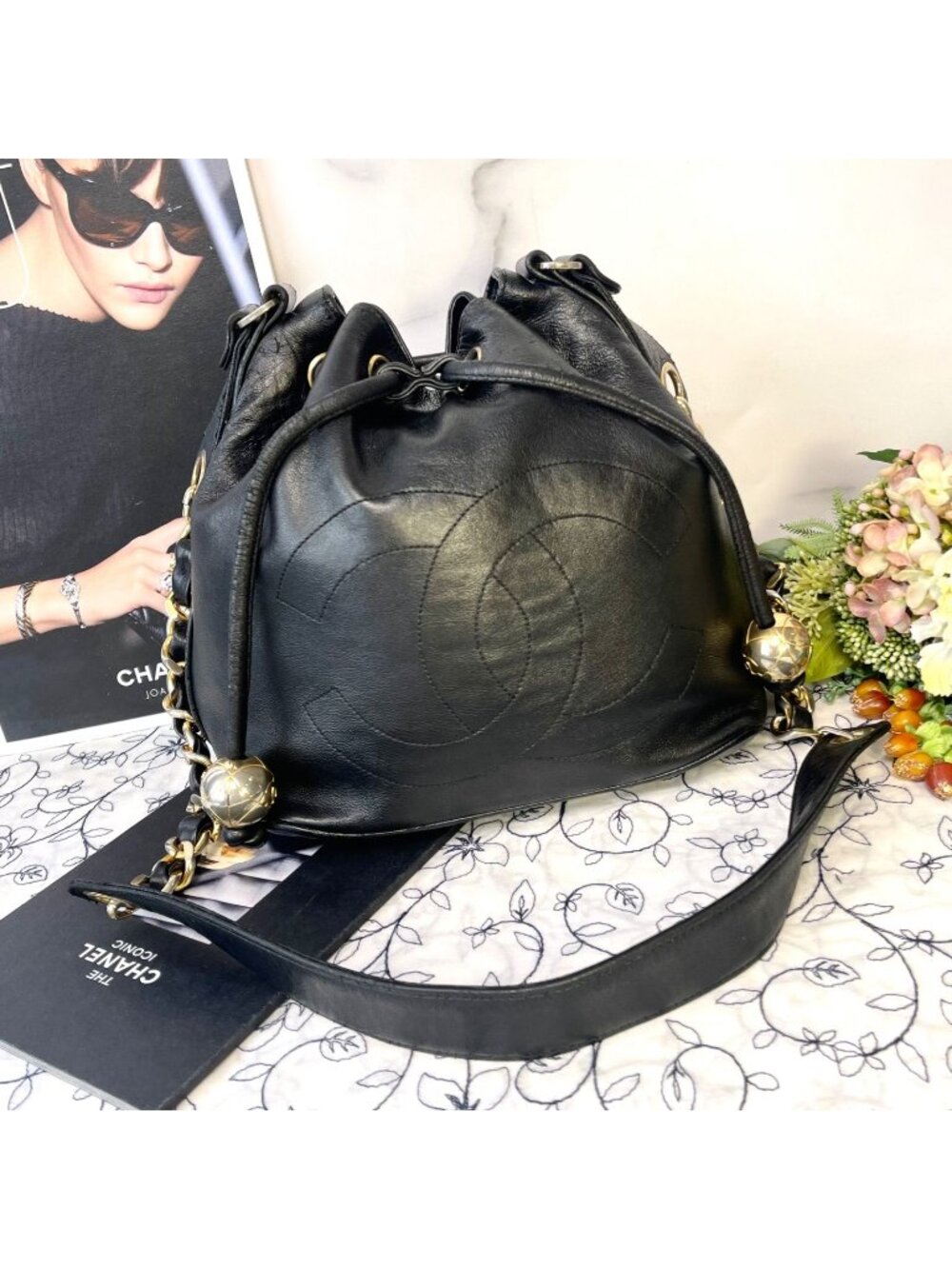 Chanel Jumbo CC Logo Drawstring Black Chain Shoulder Bag
